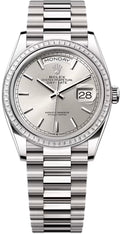 Rolex Day-Date 36 36mm Silver Stick Dial Diamond-Set Bezel President Bracelet - 128399TBR | 2024 Model - Carbon Watch Company