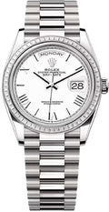 Rolex Day-Date 36 36mm White Roman Dial Diamond-Set Bezel President Bracelet - 128399TBR | 2024 Model - Carbon Watch Company